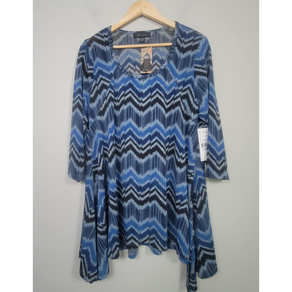 NWT Karen Kane 1X 3/4 Sleeves Geometric Print Scoop Neck Tunic Blouse Blue